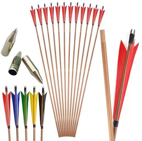 Generisch Bogenschießen 6/12 Stück Bambuspfeile mit 5 Zoll Truthahnfedern Jagd Schießen Targeting Pfeile Anzug für Recurve Bogen Langbogen Traditionelle Bogen (12, Rot, Pfeilspitze Typ 3)