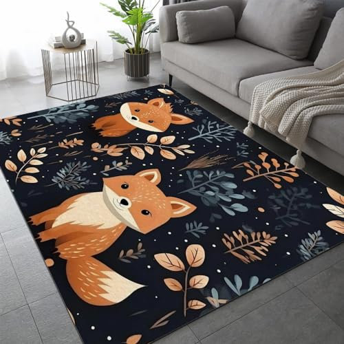 Fuchs Teppich Schlafzimmer rutschfeste FußMatte Waldtiere Kinderteppich Dekoration Carpets Teenager Kurzflor Flanell Teppiche Home Spielteppiche für Wohnzimmer 80x120 cm