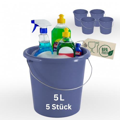 Novaliv 5 Stück Eimer 5L Blau mit Maßeinteilung - Putzeimer 5 Liter ? 22,5 cm Praktischer Allrounder mit Skala für Haushalt & Garten ideal als Haushaltseimer, Wassereimer, Wischeimer, Bucket
