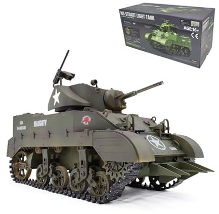 BAUBAUPLAY Char RC 1:16 2.4G Télécommandé Simulation de Char M5A1, RC Tank Véhicule Militaire Réservoir Télécommandé avec Lumières et Sons