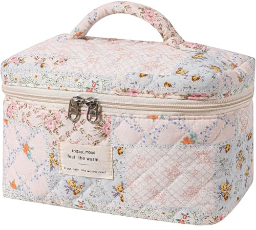 AMULOKRU Large Makeup Bag, Cute Cosmetic Bags for Women, Floral Quilted Makeup Bag, Coquette Aesthetic Toiletry Bag,Travel Makeup Organizer Bags