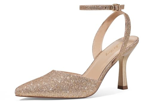 Zhabtuc höga klackar för kvinnor, kvällsskor, pumps med stängd spets, för bröllop och kvällar, Gyllene glitter, 41 EU