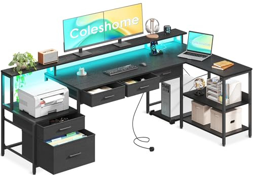 Coleshome 195x100 cm Corner Desk with Drawers, Reversible L Shaped Desk with LED lights & Power Outlet, Home Office Desks with Monitor Shelf, Large Computer Table with Storage Shelf, Black