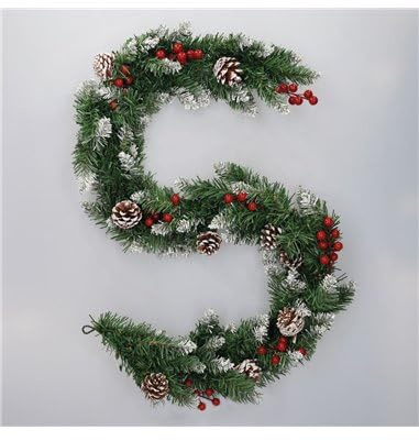 Guirnalda de Navidad Dusia efecto nieve con acebo y piñas 150cm color verde blanco marrón y rojo (no iluminada)