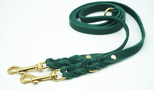 Verstellbare Hundeleine aus Fettleder geflochten - Farbe wählbar - Messing Karabiner (Waldgrün, 2,7m Umhängeleine - Breite: 15mm)