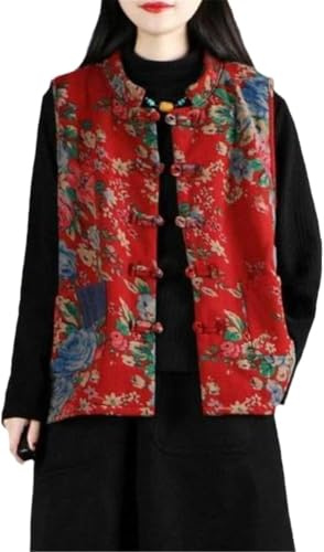 ThiCc - Veste rembourrée de style chinois pour femmes - Gilet sans manches matelassé à fleurs vintage avec nœud traditionnel brodé, haut oriental rétro, style bohème, ethnique, Hanfu, S1., XXL