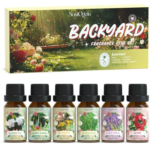 SoulOrigin Backyard Essential Oils Set, Fragrance Oil Set for Oil Diffusers, Scented Oils for Soap Candle Making 6x10ml - Gardenia, Rose, Lavender, Secret Garden, After Rain, and Sunshine