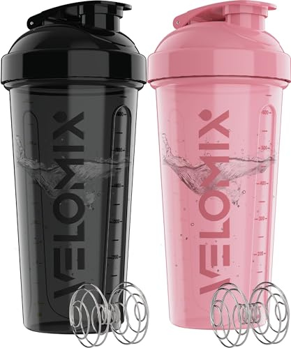 VELOMIX -2 Pack- 28 oz Protein Shaker Bottles for Protein Mixes - 2x Wire Whisk | Leak Proof Shaker Cups for Protein Shakes | Protein Shaker Bottle Pack | Shakers for Protein Shakes-Pink&Black