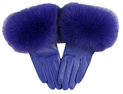Damen Schaffell Fell Leder Handschuh Winter Warm Natürlich Flauschig Fell Leder Handschuhe, königsblau, 42