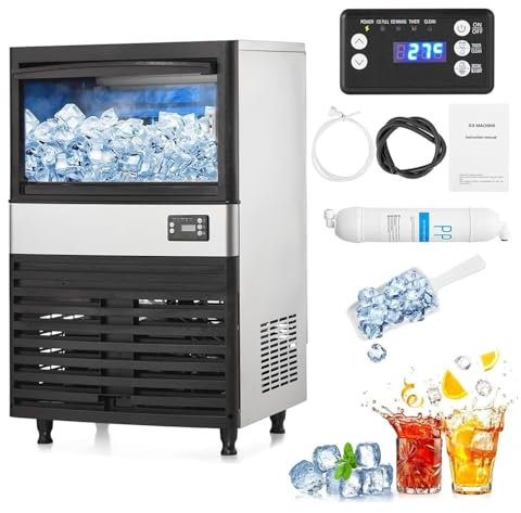 KJZHFOZ High-Capacity Freestanding Commercial Ice Maker Machine, 100lbs Storage, Blue Light, Stainless Steel, for Home, Restaurants, Bars