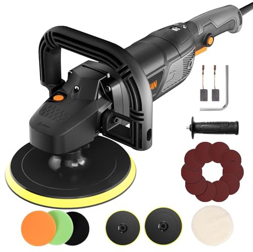 PLS03A Car Polisher 1500W, Rotary Polishing Machine 180mm/150mm, 6 Variable Speeds (600–3000RPM), Detachable Handle, Buffer Kit for Car Detailing, Polishing and Waxing