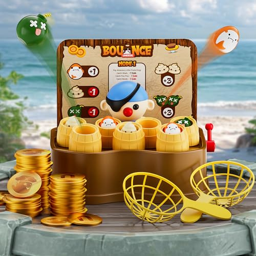 UNEEDE Pirate Bounce and Catch Game, Pop Up Pirate Toy with Shark, Bomb, and Poop Launchers, Interactive Board Game for Kids with Reward System, Perfect for Boys & Girls