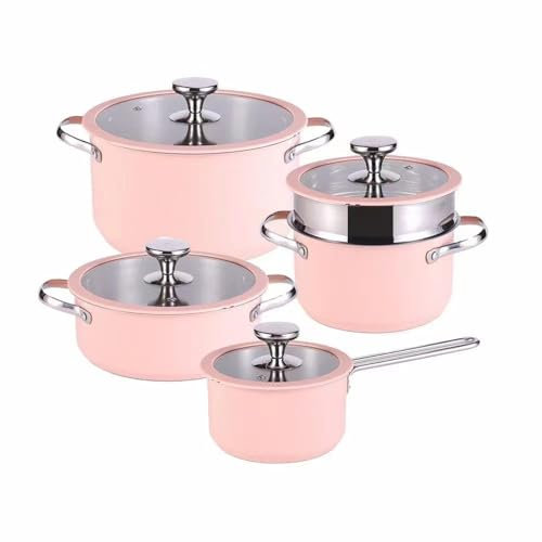 Ollas de acero inoxidable para sopa, olla plana de acero para nieve, olla para leche, sartén antiadherente de acero, sartén para freír, olla para mariscos, juego de ollas de cocina, rosa