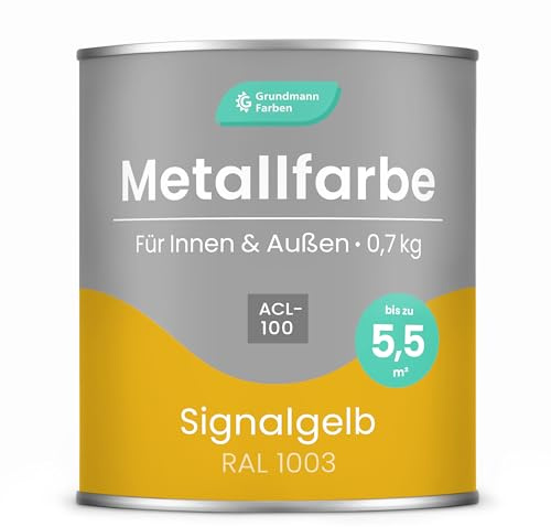 Grundmann Metallfarbe ACL 100 - Gelb 0,7 Kg - Seidenmatt - 4in1 Metallschutzlack inkl. Rostschutz und Grundierung - RAL 1003 Signalgelb