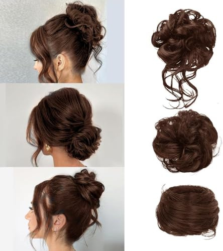 FDEETY 3 Pièces Postiche Cheveux Naturel Chignon Bouclé Décoiffé Postiche Chignon Bouclés Ondulés Synthétiques avec Elastique Chouchou Extension de Cheveux pour Femme （Brun Clair）