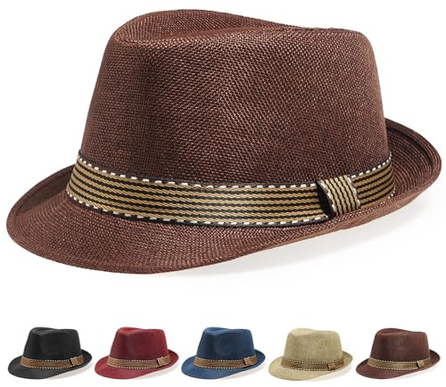 Initlove Mens Fedora Hat Unisex Classic Panama Hats Short Brimmed Trilby Hats Coffee