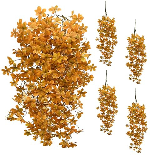 SNAIL GARDEN 4 buntar realistisk konstgjord hängande ficcus – 100 cm höstgrenar med blomformade smällorange blad och gröna ådror för flerskikts höstdekoration, avtagbara blad för gör-det-själv