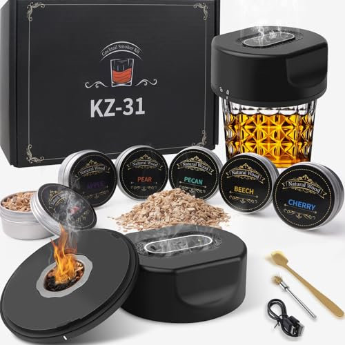 TMKEFFC Electric Cocktail Smoker Kit Built-in Lighter, Rechargeable Whiskey Smoker with 6 Wood Chips, Old Fashioned Drink Smokers,No Butane Needed, Bourbon Whiskey Gifts for Dad,Men,Husband