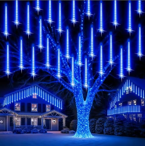 PEMOTech Weihnachtsbeleuchtung Außen,24 Röhren 30 CM 576 LEDs eiszapfen lichterkette außen，Wasserdichte Fallende Regen Lichter für Weihnachten Halloween Weihnachtsbaum, Weihnachtsdeko Aussen, Blau