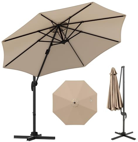 GOPLUS Parasol de Jardin Extérieur, Parasol Déporté 3x3M avec Poteau en Aluminium, UPF50+, Rotatif à 360°, 5 Angle Réglable, Manivelle, 8 Baleines, pour Balcon Patio Piscine Terrasse, Beige