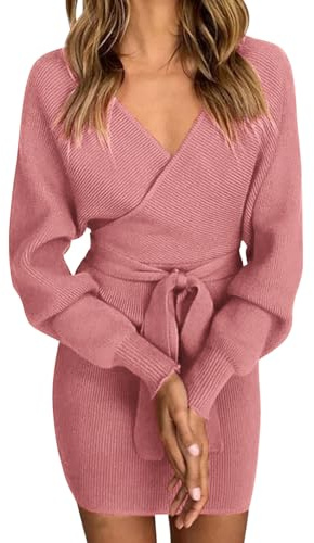 heekpek Robe Pull Femme Sexy Chic Hiver Chaud en Tricot Mode Pullover Manches Longues Pull Robe Femme Hiver, Rose Clair, XL