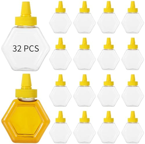 Kronabelle Lot de 32 pots à miel en plastique transparent avec couvercles compressibles, bouteilles rechargeables pour distribution de sirop, sauce et condiments 200 ml