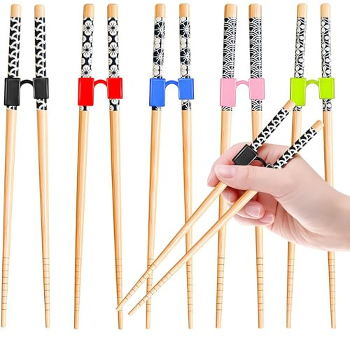 AstraGlam 5 Paar Japanische Naturbambus Essstäbchen mit 5 Stück Essstäbchen Hilfen, Trainings Essstäbchen für Anfänger, Wiederverwendbares Set Spülmaschinenfest Schön Verpackte Chinesische