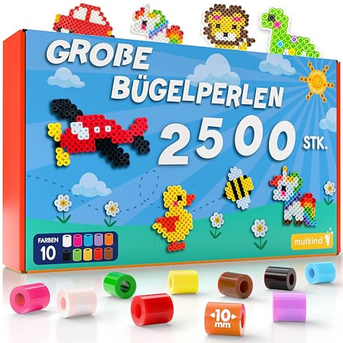 MUTKIND® 2500x Bügelperlen Groß 10mm [10 Tolle Farben] - Für Kinder ab 3 Jahren - Extra Leicht zu Greifen - XL Große Bügelperlen Maxi Steckperlen Set - Inkl. 50 kreativen Vorlagen zum Download