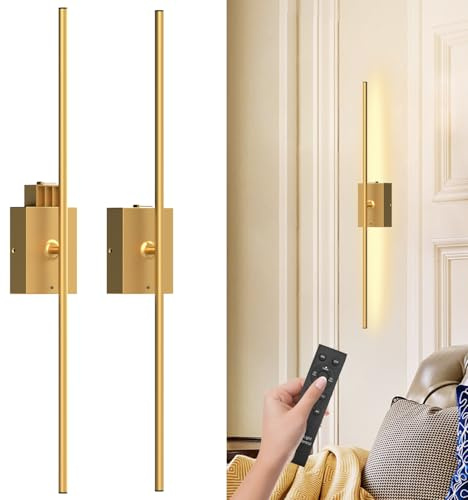 QINER Battery Operated Wall Lights Indoor, USB-C Battery Operated & Wireless Wall Lights, Battery is Removable and Dimmable 81CM Modern Wall Sconce for Living Room, Hallway, Bedroom, 2Pcs Gold