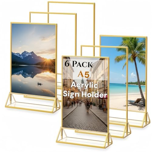 CHDEXU Acryl Schilderhalter A5, 6 Stück mit goldenem Rändern transparente Acryl-Menü-Tischhalter mit vertikalem doppelseitigem Ständer für Hochzeitstischnummern, Fotos, Restaurantschilder