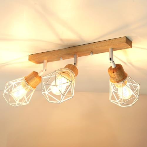 TOKIUS 3-flammig Deckenleuchte Vintage Industrial Deckenstrahler LED Deckenlampe E27 Lampe aus Eisen und Holz Weiß Verstellbare Wandleuchte Deckenspots für Küche Wohnzimmer Schlafzimmer (Balken)