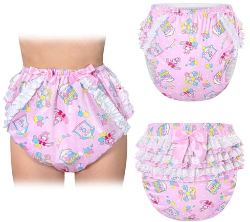 LittleForBig Silky Washable Reusable Waterproof Ruffled Lace Bow Usagi Pastel Circus Pattern Ruffle Adult Diaper Cover Pink XL