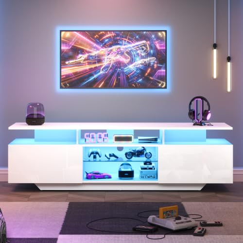 Merax Mueble de TV con iluminación LED, 160 cm, para televisores de 70 pulgadas, 2 armarios, cristal templado, color blanco, para sala de estar