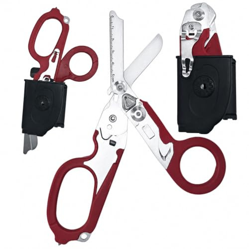 6 in 1 Multi-Function Pieghevole Forbici Trauma con fondina compatibile, Forbici di risposta di emergenza Outdoor Camping Rescue Tools con Strap Cutter e Glass Breaker (Rosso)