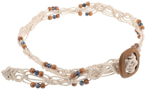 ARTIBETTER Cintura in Cotone e Lino Intrecciata Boho in Corda con Perline di Legno, Fibbia Quadrata, Regolabile per Abiti Casual e Vacanze
