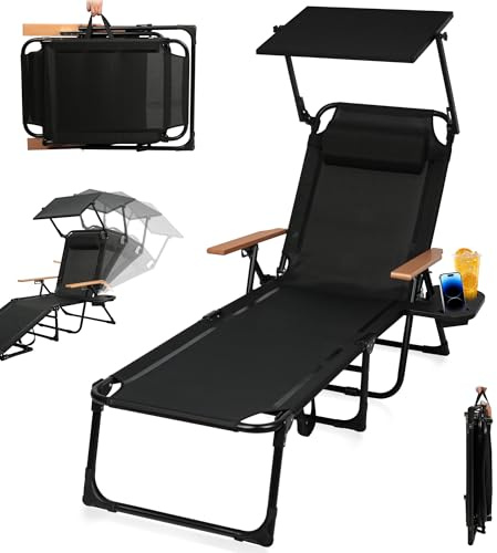 Generisch Sonnenliege Klappbar Liegestuhl mit Dach, Outdoor Gartenliege mit 4-Fach Verstellbarer Rückenlehne, inkl Kopfkissen Getränkehalter Holz Armlehnen, bis 150 kg belastbar, für Balkon Strand