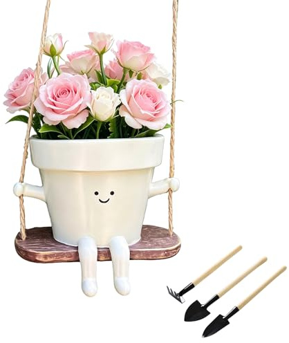 Hanging Swing Face Planter, Cute Resin Head Plant Pot with Drainage Hole