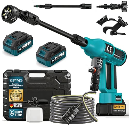 Idropulitrice a Batteria 120 Bar, Brushless 1500W, 2x Batterie 4,0Ah | 4 Livelli di Pressione e Touch LCD, 600L/h, Ugello 6 in 1 e Tubo da 5 M, per Auto, Giardino - Blu