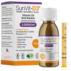 SunVit-D3 Vitamin D3 2000IU Oral Solution - Vitamin D for Kids | Cholecalciferol Vitamin D Drops Baby | Supports Bone, Teeth, Muscle & Immune System (50ml Orange Flavor)