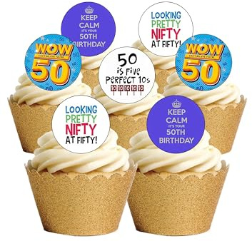 24 Precut Age 50 Fifty Fiftieth 50th Birthday Edible Wafer Paper Cake Toppers Decorations