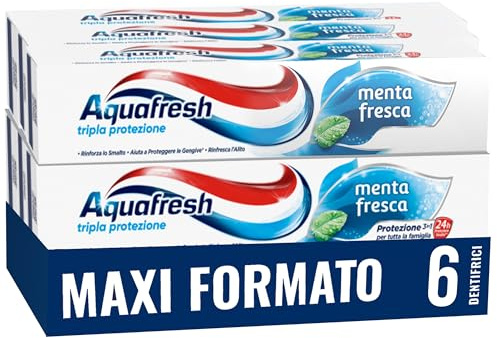 Aquafresh Tripla Protezione, Dentifricio 3 in 1 per tutta la Famiglia, Denti Forti, Gengive Sane, Alito Fresco, Gusto Menta Fresca, Maxi Pacco 6 x75ml – 450ml