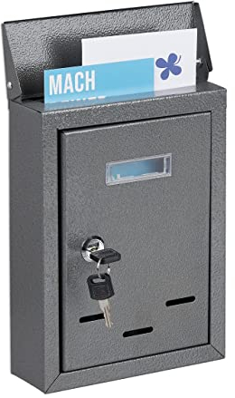 Relaxdays Buzón Pared Vertical, Placa para Nombre, Metálico, 2 Llaves, de Exterior, 26,5 x 19 x 6,5 cm, Estrecho, Gris