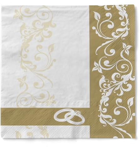 Sovie HORECA Serviette HOCHZEIT in GOLD aus 3-lagigem Tissue, 33 x 33 cm, 100 Stück – edle Hochzeitspapierservietten mit Ornamentranken & Ringen