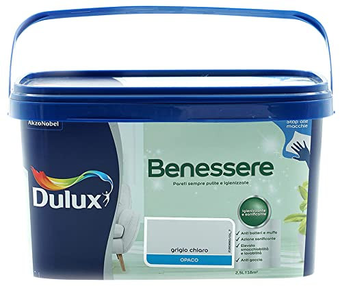 Dulux Benessere Pittura Colorata all'Acqua per Interni Superlavabile Anti Muffa Anti Batteri con Ioni D'Argento, 2.5 Litri, Grigio Chiaro, 2.5L