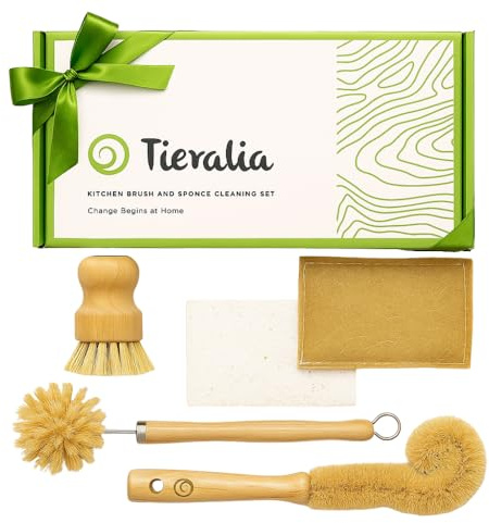Tieralia Juego de 5 cepillos de bambú ecológicos con esponjas de Pulpa de Madera compostables | Juego de cepillos de bambú para Platos de Cocina | Juego de cepillos para Platos | Cepillo para Platos