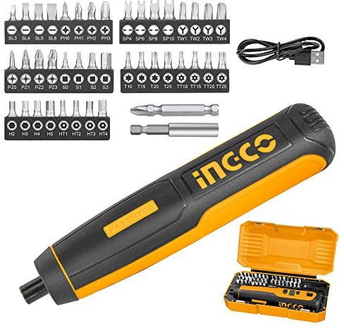 INGCO Mini Atornillador Inalámbrico de 4V 5Nm 40 Puntas Juego de Destornilladores Ajuste de Par de 5 Velocidades con Luz LED Carga USB, Pequeño Taladro Atornillador 1.3Ah Batería de Litio (CSDLI0403)