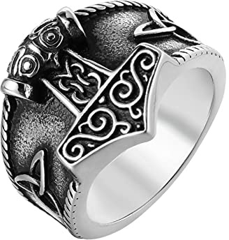 HCMA Retro Wikinger Thors Hammer Symbol Keltischer Knoten Titanstahl Herrenringe Punk Hip Hop Rock für Mann Freund Schmuck Kreativitätsgeschenk