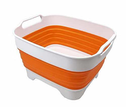 SAMMART 7,5 l zusammenklappbare Geschirrpfanne mit Ablassschraube – faltbares Waschbecken – tragbare Geschirrspülwanne – platzsparende Küchenaufbewahrungswanne (Weiß/Orange)