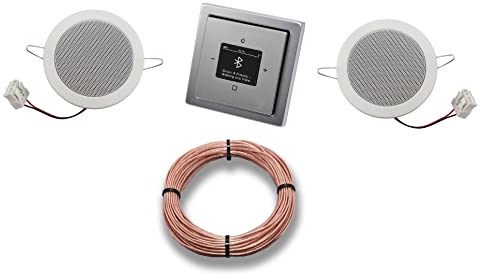 Busch Jäger DAB+ Bluetooth Unterputz Unterputzradio DAB BT 8217 U – 101 Komplett-Set PUR Edelstahl + 2 x Deckenlautsprecher/Einbaulautsprecher + 20 Meter Lautsprecherkabel 2x0,75 mm² 8217U-101