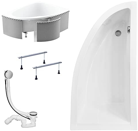 KOLMAN Badewanne PRAKTIKA Eckbadewanne 150x70 Rechts mit Styroporverkleidung, Ablaufgarnitur und Füßen Komplettset 4in1 Premium Original Acryl Wanne Siphon